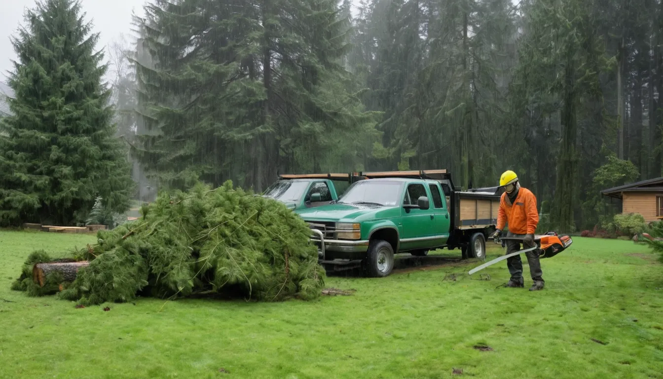 Provider crew cutting a fallen tree off a fence in a Portland backyard after a storm