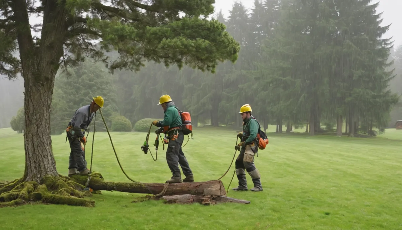 A local tree removal provider guiding a section of trunk down beside a wood-frame home in the Portland area
